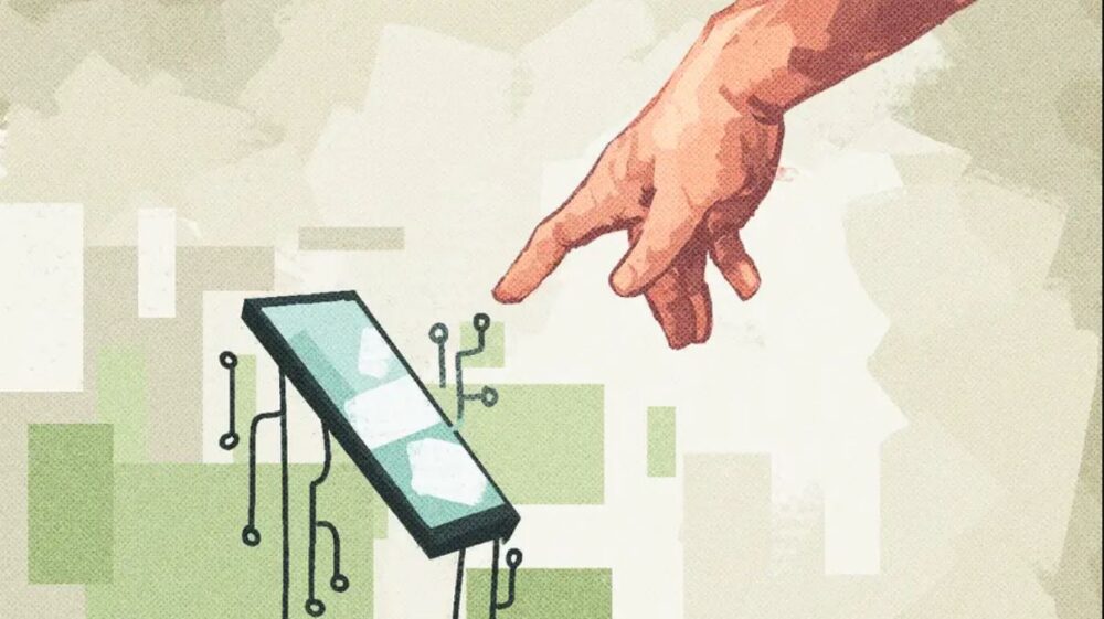 high tech and human approach - hand touching a smpartphone